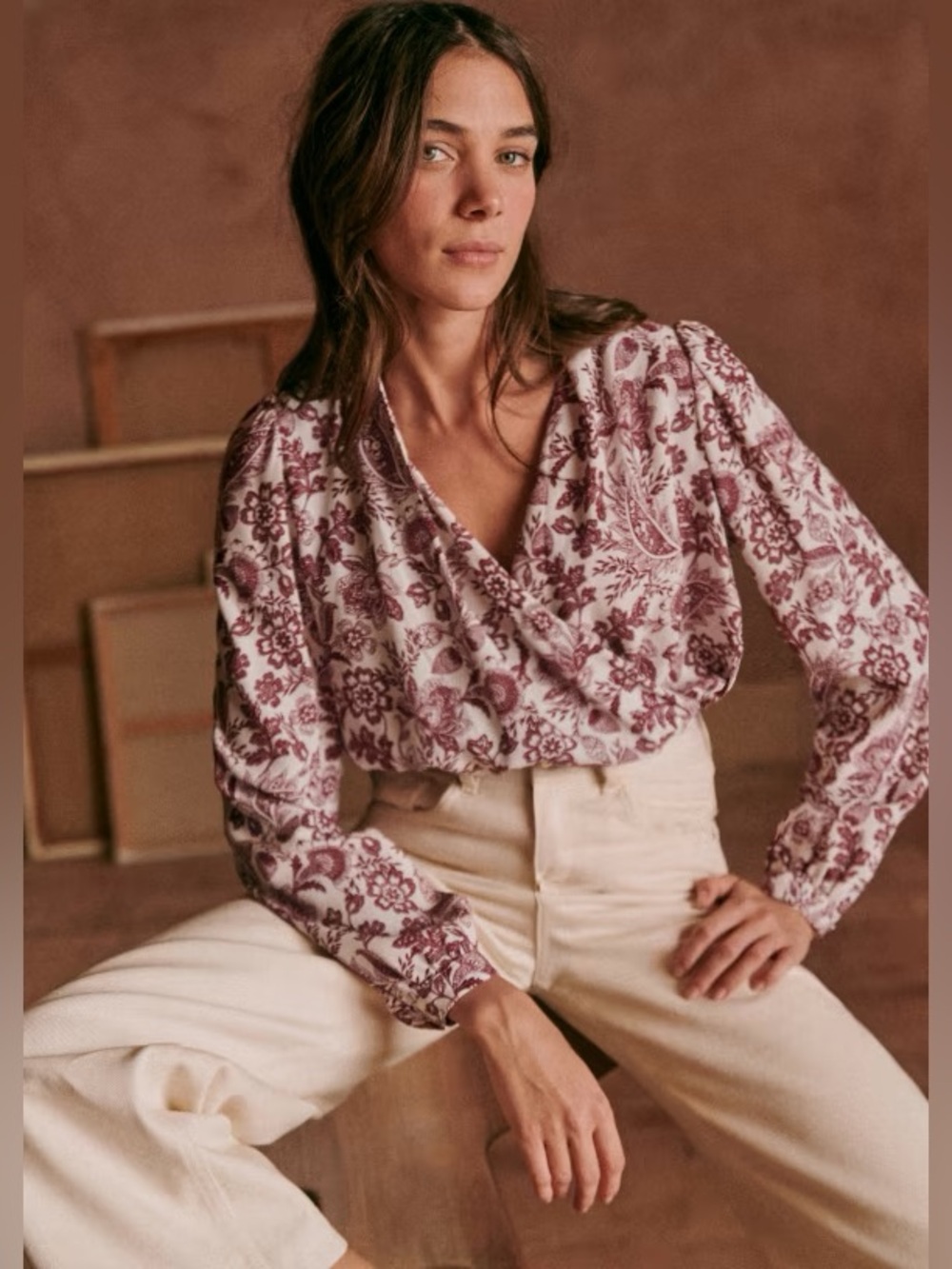 Sézane Abélia Ghalia Ecru Print Blouse (Size 34)